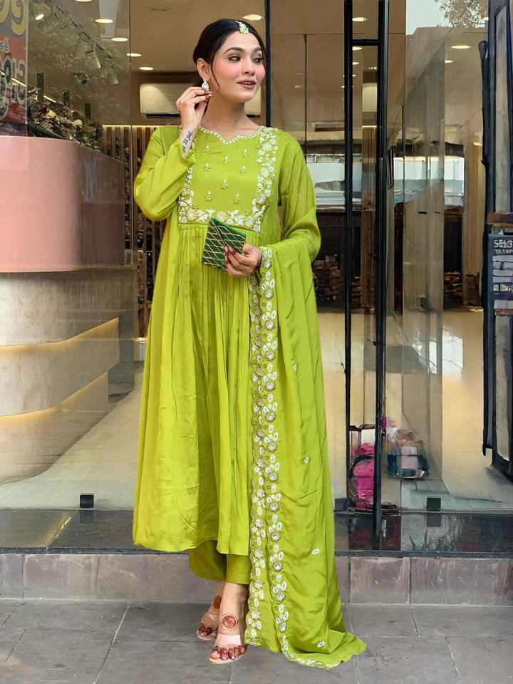 Beautiful Pista Green Salwar Suit | Designer Embroidery Chinon & Rayon Fabric