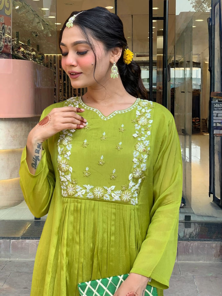 Beautiful Pista Green Salwar Suit | Designer Embroidery Chinon & Rayon Fabric