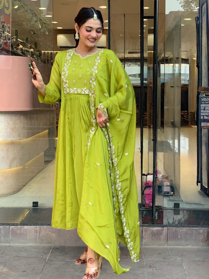 Beautiful Pista Green Salwar Suit | Designer Embroidery Chinon & Rayon Fabric