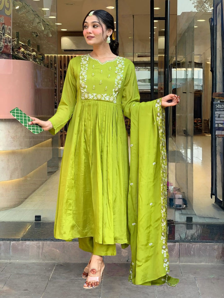 Beautiful Pista Green Salwar Suit | Designer Embroidery Chinon & Rayon Fabric