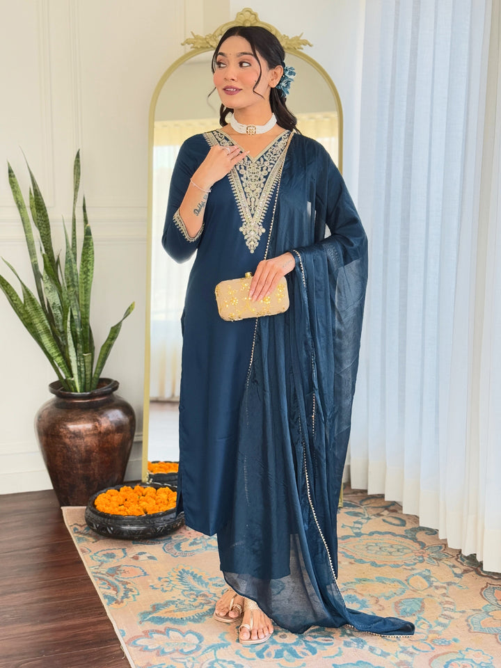 Trendy Teal Blue Rayon Salwar Suit | Embroidery Work Silk Chiffon Dupatta