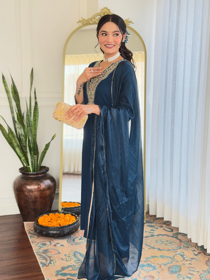 Trendy Teal Blue Rayon Salwar Suit | Embroidery Work Silk Chiffon Dupatta