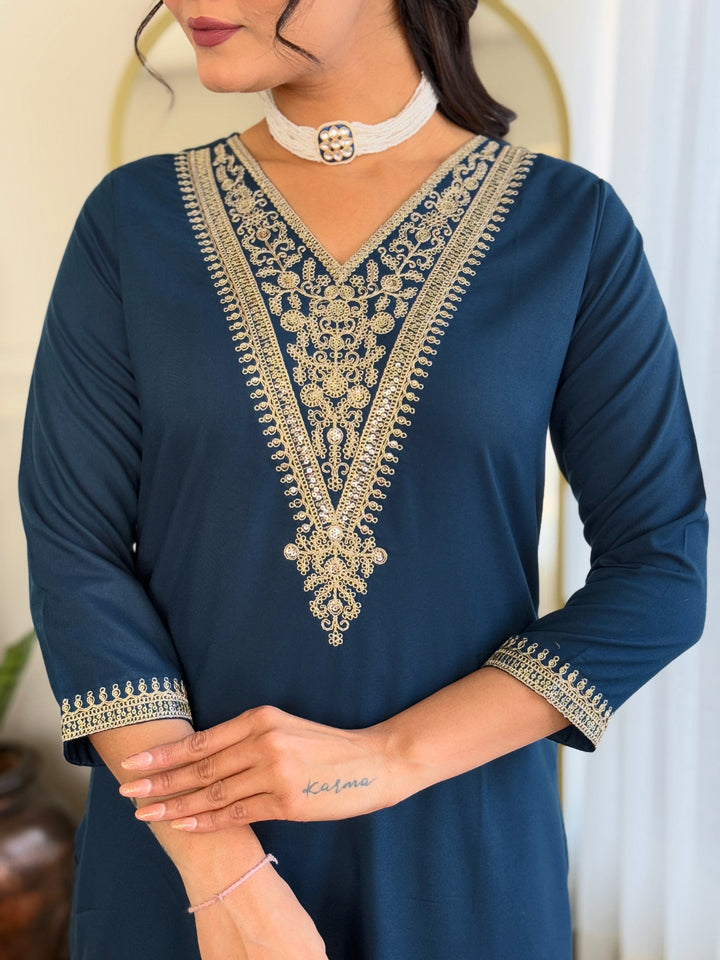 Trendy Teal Blue Rayon Salwar Suit | Embroidery Work Silk Chiffon Dupatta