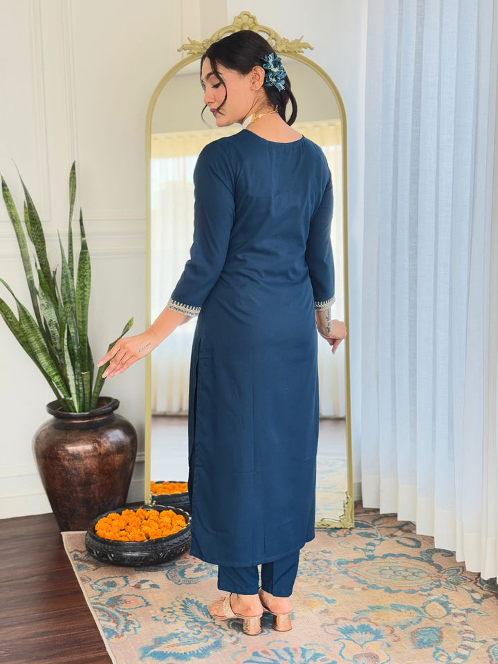 Trendy Teal Blue Rayon Salwar Suit | Embroidery Work Silk Chiffon Dupatta