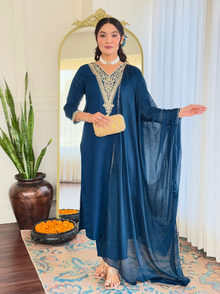 Trendy Teal Blue Rayon Salwar Suit | Embroidery Work Silk Chiffon Dupatta