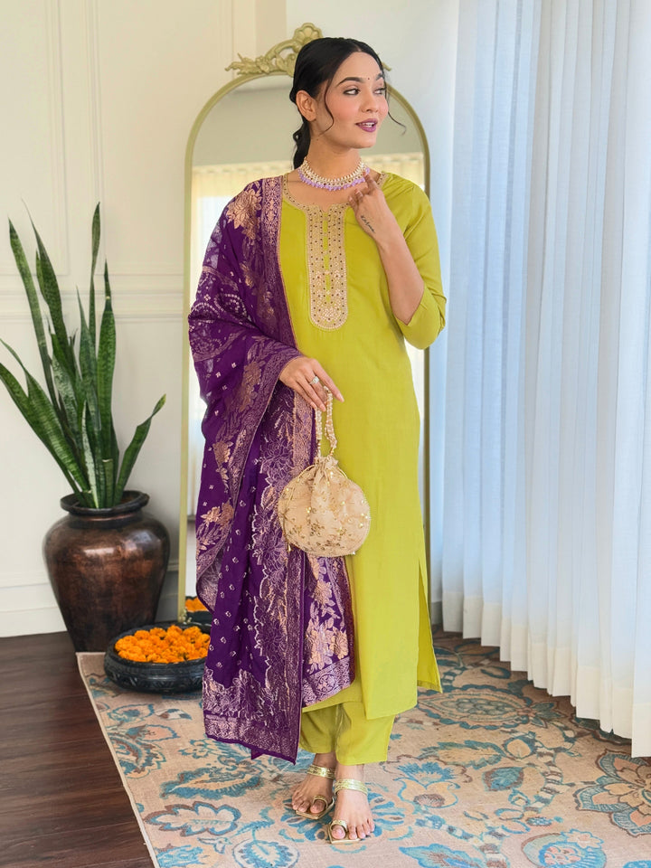 Lime Wevon Meenakari Embroidered Viscose Suit | Jacquard Dupatta