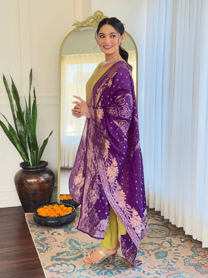 Lime Wevon Meenakari Embroidered Viscose Suit | Jacquard Dupatta
