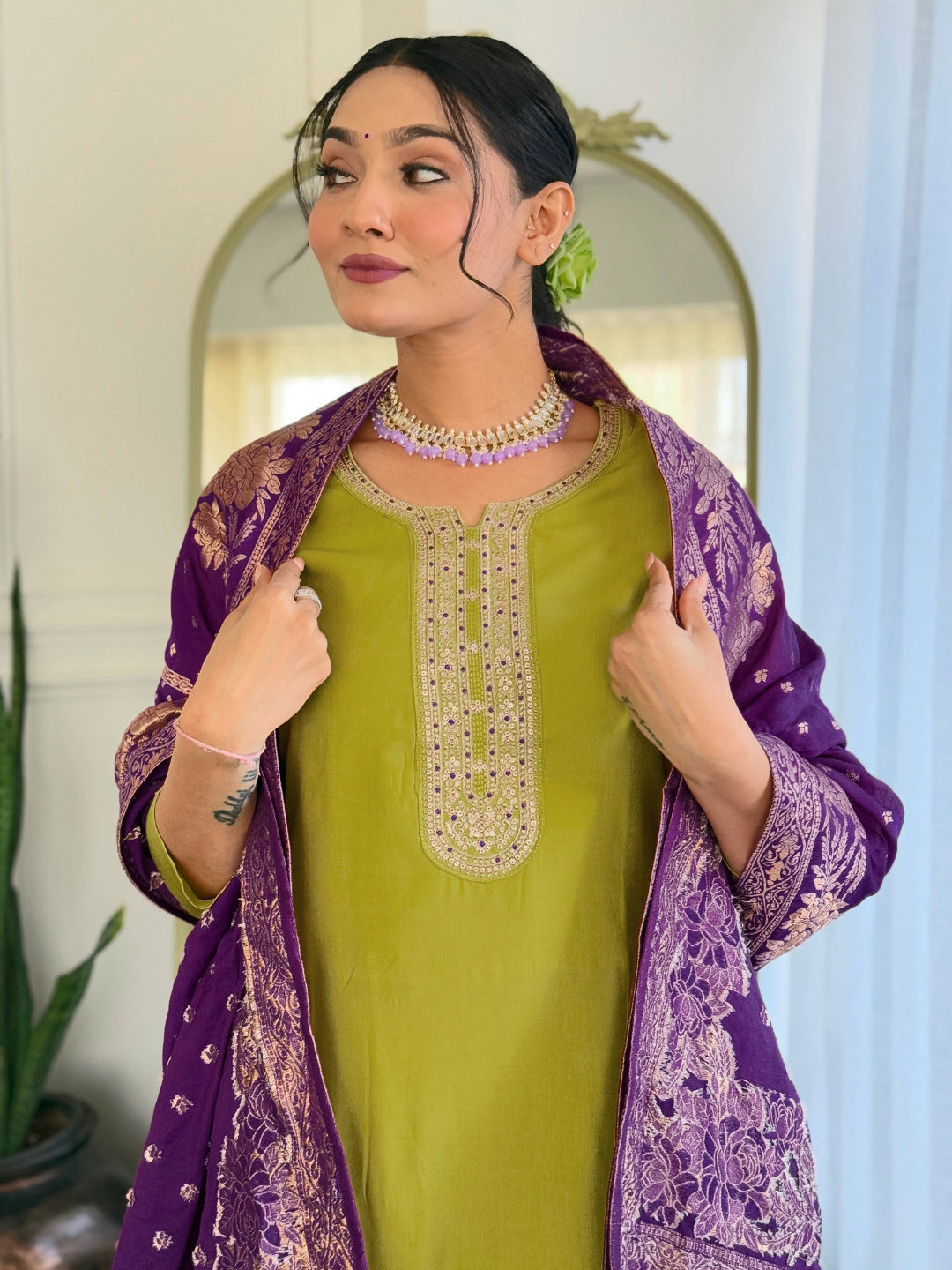 Lime Wevon Meenakari Embroidered Viscose Suit | Jacquard Dupatta