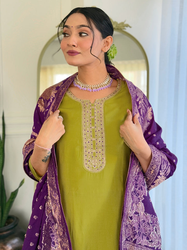 Lime Wevon Meenakari Embroidered Viscose Suit | Jacquard Dupatta
