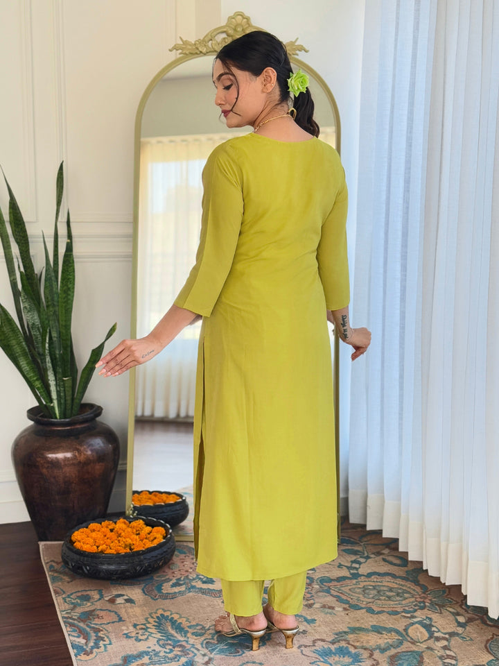 Lime Wevon Meenakari Embroidered Viscose Suit | Jacquard Dupatta