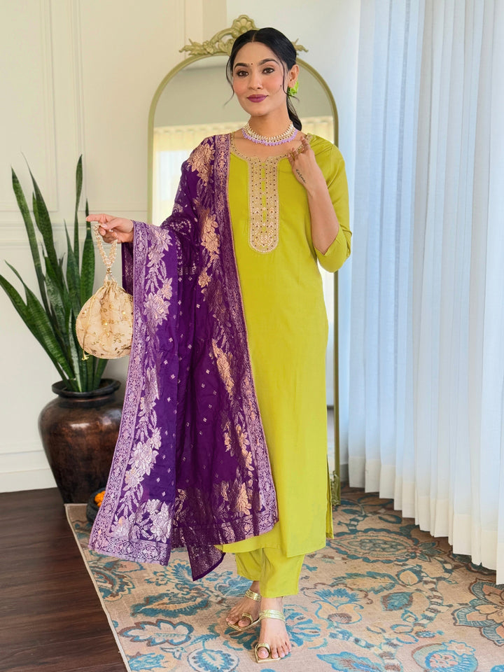 Lime Wevon Meenakari Embroidered Viscose Suit | Jacquard Dupatta