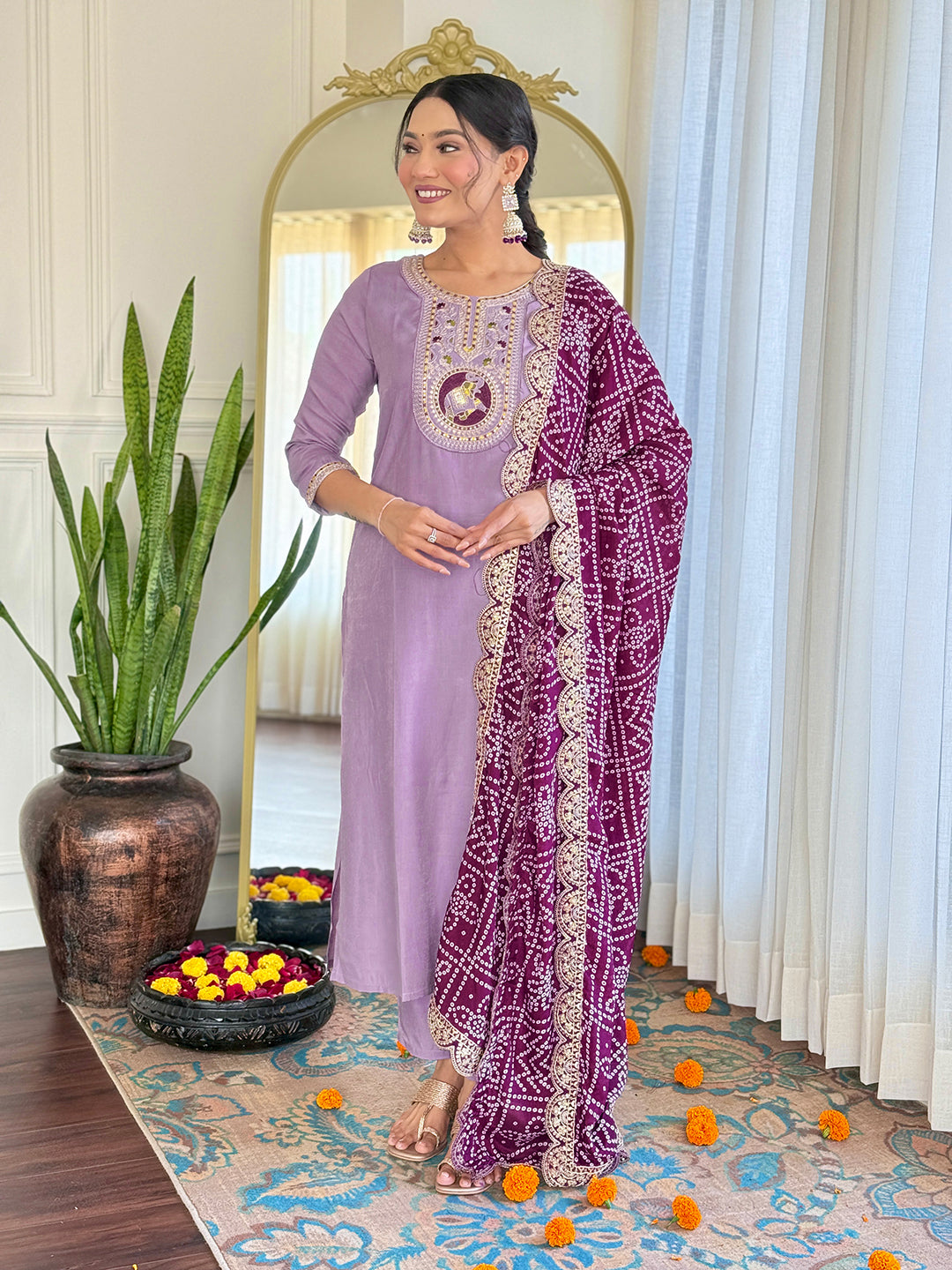 Stylish Lavender Soft Silk Suit | Embroidery & Printed Dupatta Viscose