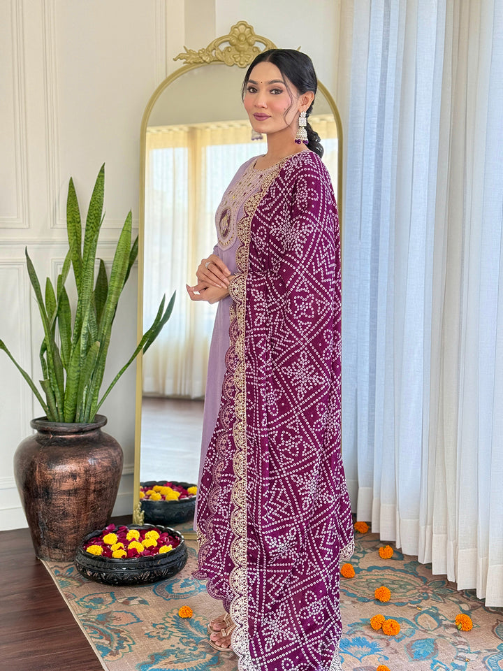 Stylish Lavender Soft Silk Suit | Embroidery & Printed Dupatta Viscose