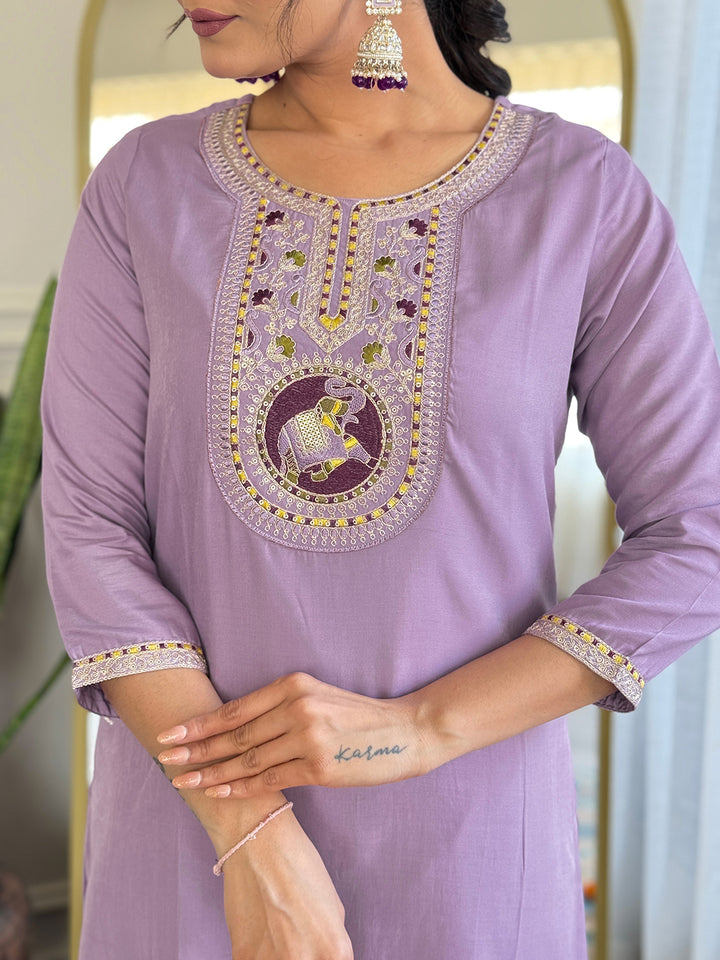 Stylish Lavender Soft Silk Suit | Embroidery & Printed Dupatta Viscose