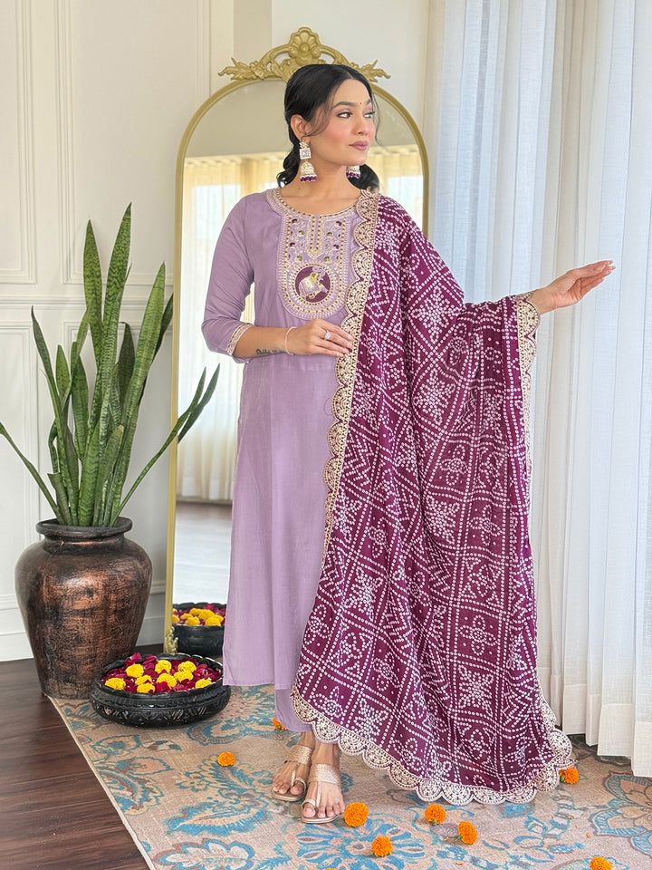 Stylish Lavender Soft Silk Suit | Embroidery & Printed Dupatta Viscose