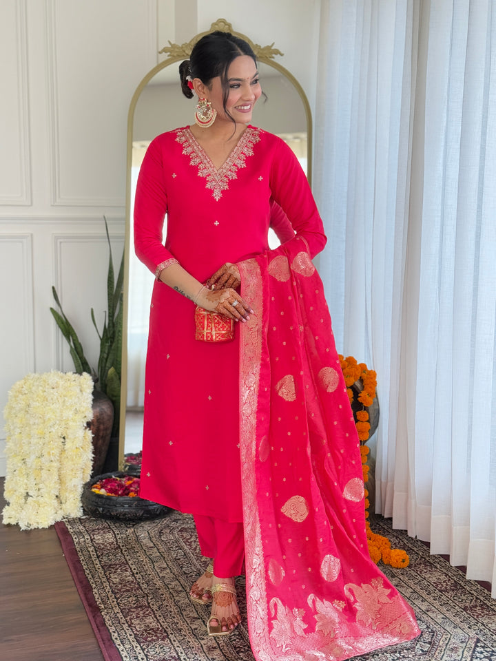 Elegant Bright Pink Viscose Suit Set | Embroidered Work  Jacquard Dupatta