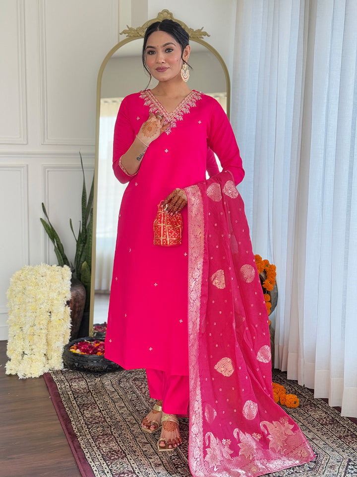 Elegant Bright Pink Viscose Suit Set | Embroidered Work  Jacquard Dupatta
