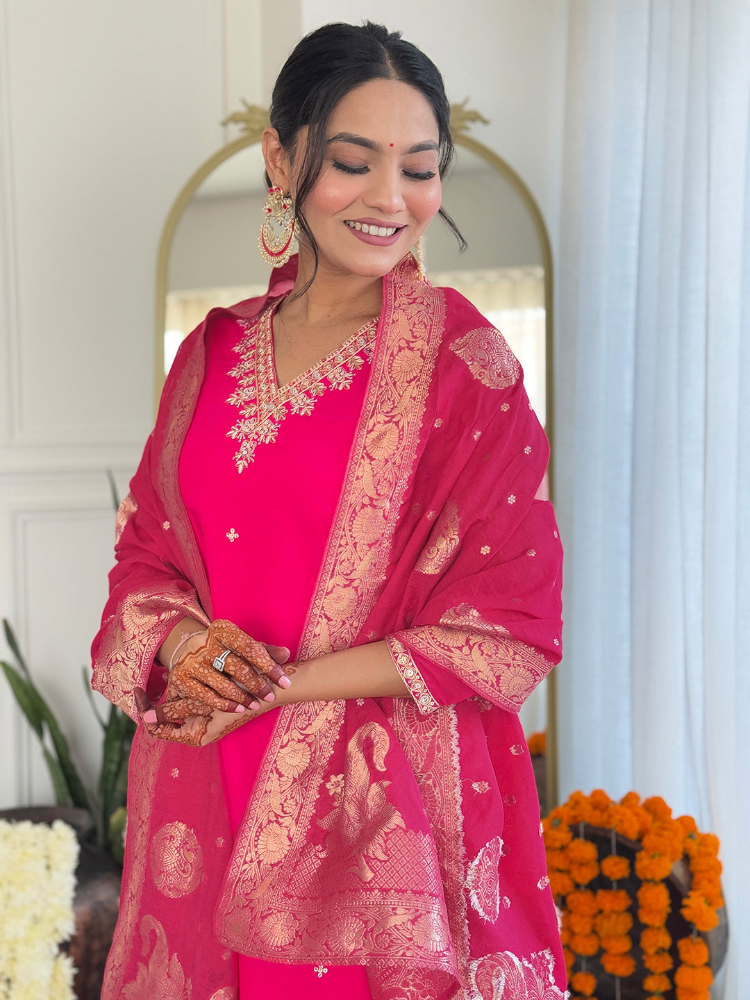 Elegant Bright Pink Viscose Suit Set | Embroidered Work  Jacquard Dupatta