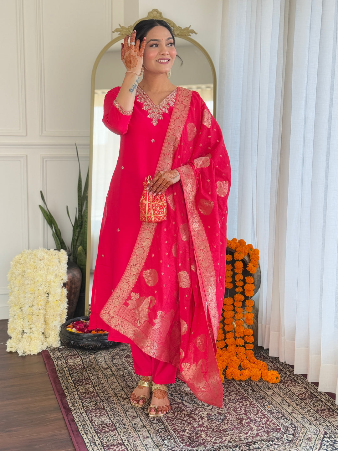 Elegant Bright Pink Viscose Suit Set | Embroidered Work  Jacquard Dupatta