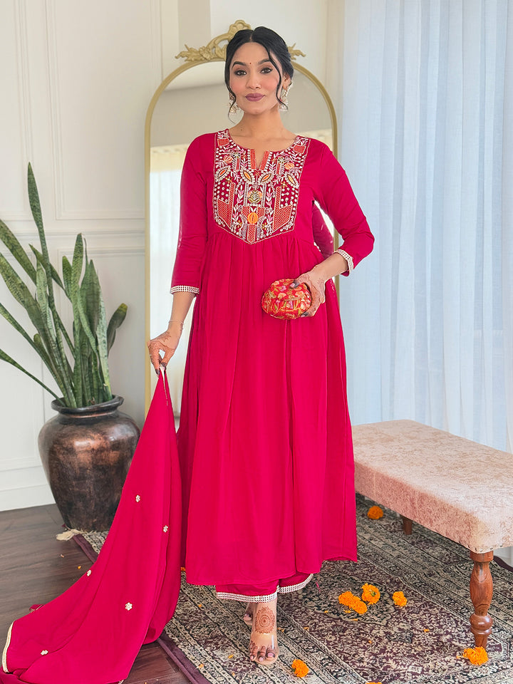Designer Red Viscose Top Rayon Bottom | Chinon Dupatta with Embroidery