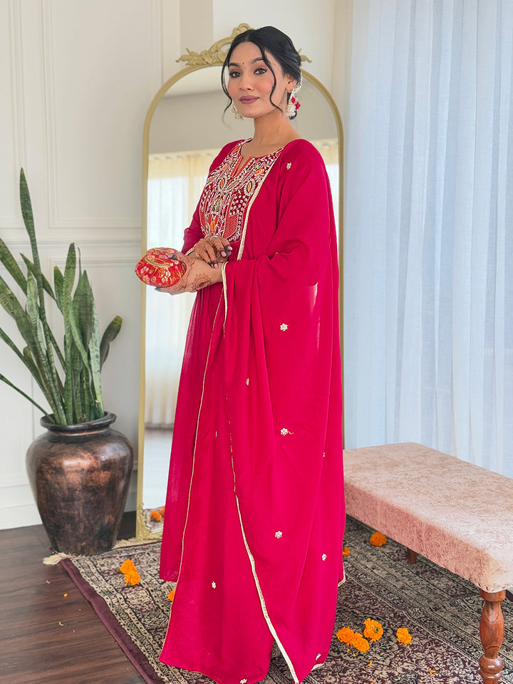 Designer Red Viscose Top Rayon Bottom | Chinon Dupatta with Embroidery