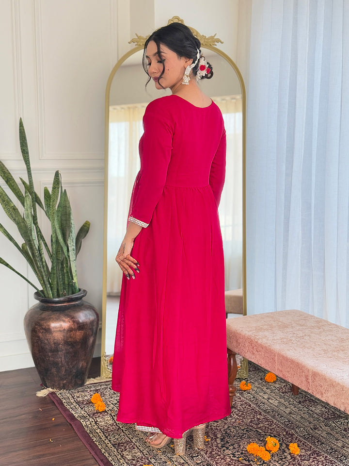 Designer Red Viscose Top Rayon Bottom | Chinon Dupatta with Embroidery