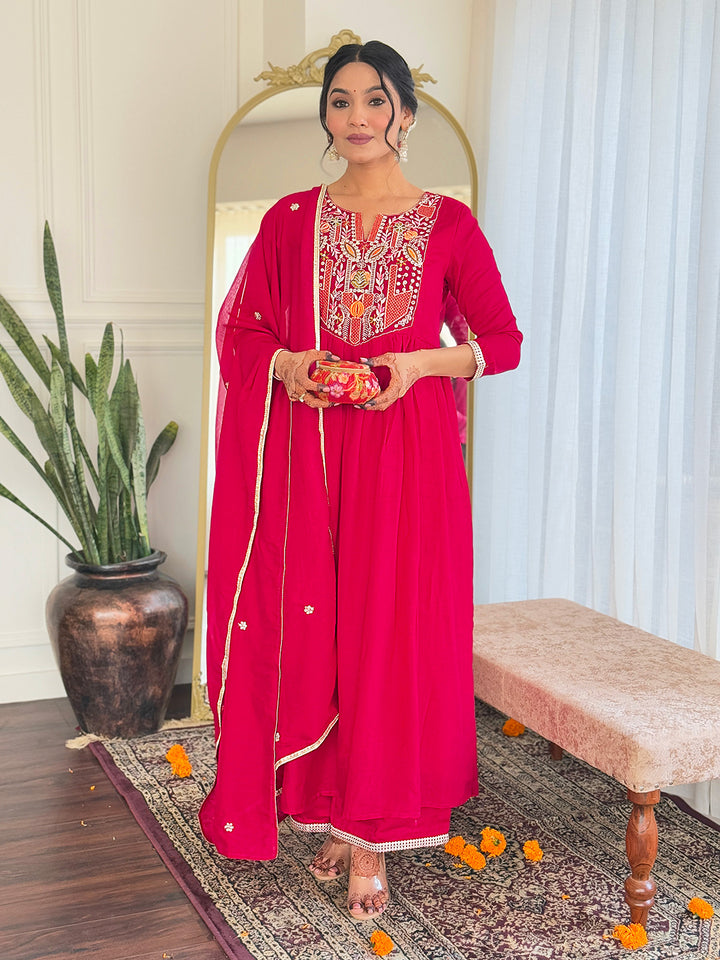 Designer Red Viscose Top Rayon Bottom | Chinon Dupatta with Embroidery