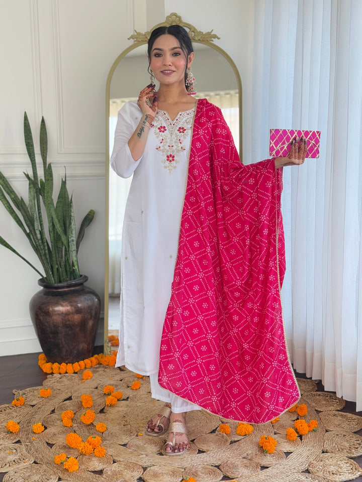 Classic White Suit Set | BSY Viscose with Silk Blend Dupatta Embroidery