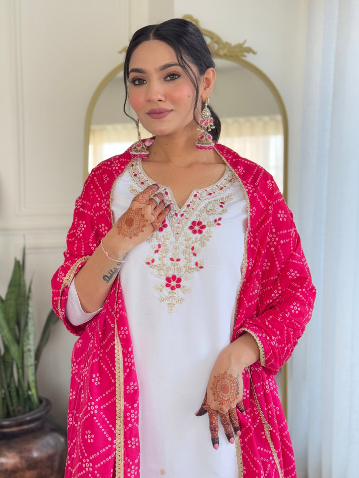 Classic White Suit Set | BSY Viscose with Silk Blend Dupatta Embroidery