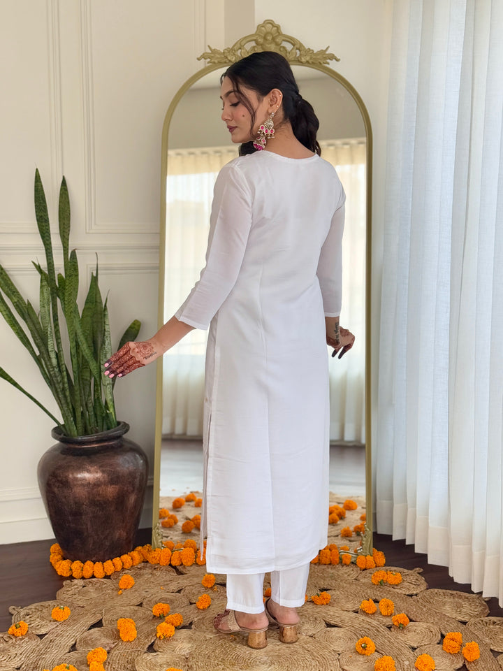 Classic White Suit Set | BSY Viscose with Silk Blend Dupatta Embroidery