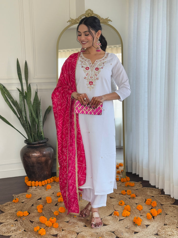 Classic White Suit Set | BSY Viscose with Silk Blend Dupatta Embroidery