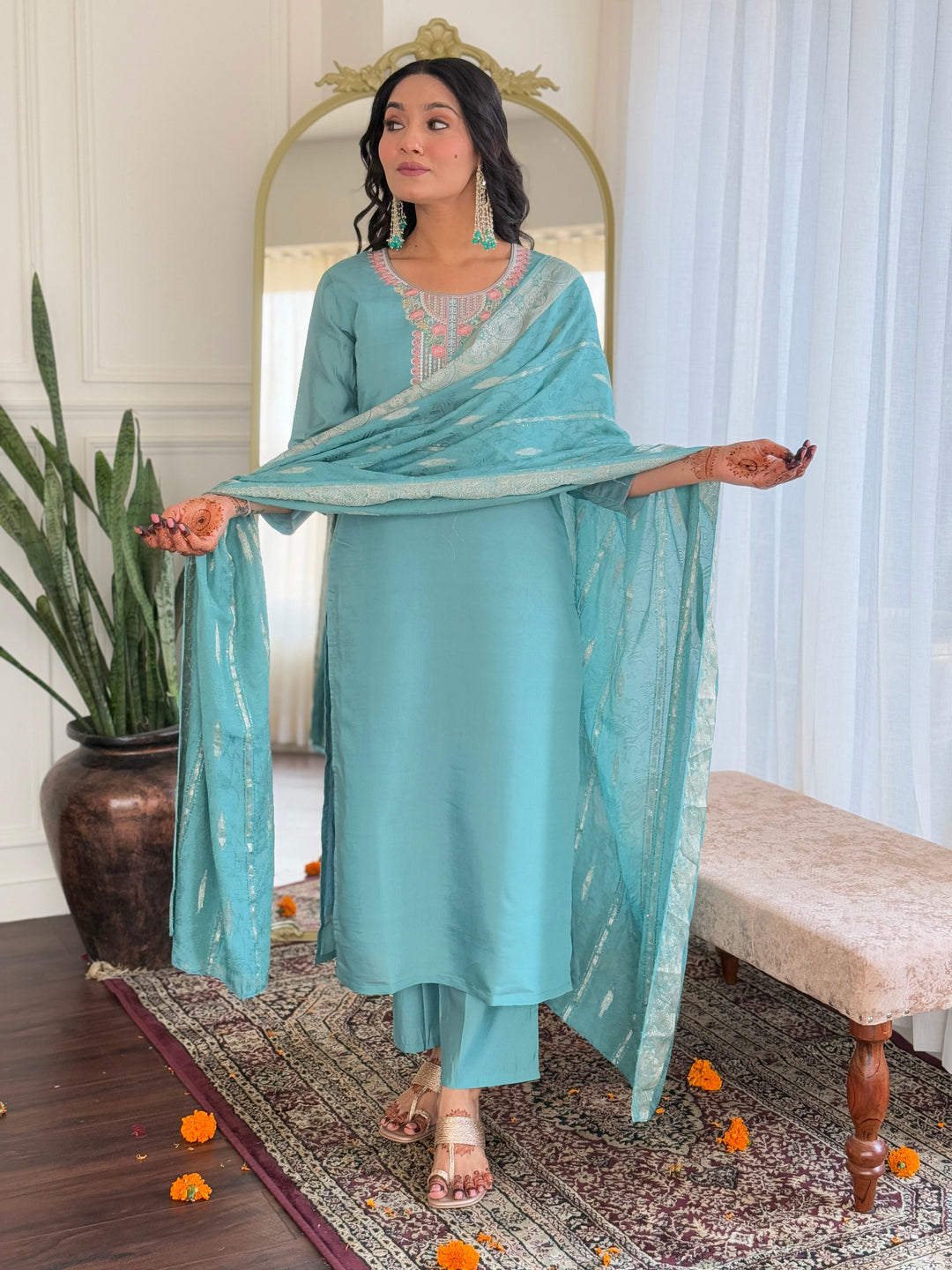 Stylish Sky Blue Chanderi Suit | Embroidery Work  Viscose Dupatta