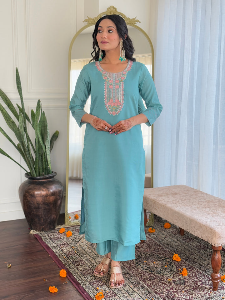 Stylish Sky Blue Chanderi Suit | Embroidery Work  Viscose Dupatta