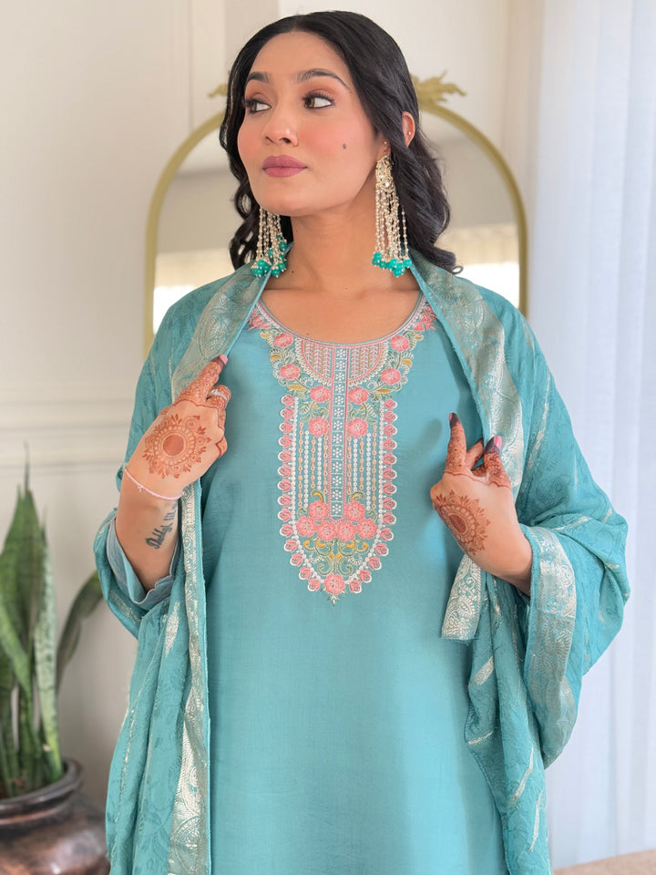 Stylish Sky Blue Chanderi Suit | Embroidery Work  Viscose Dupatta