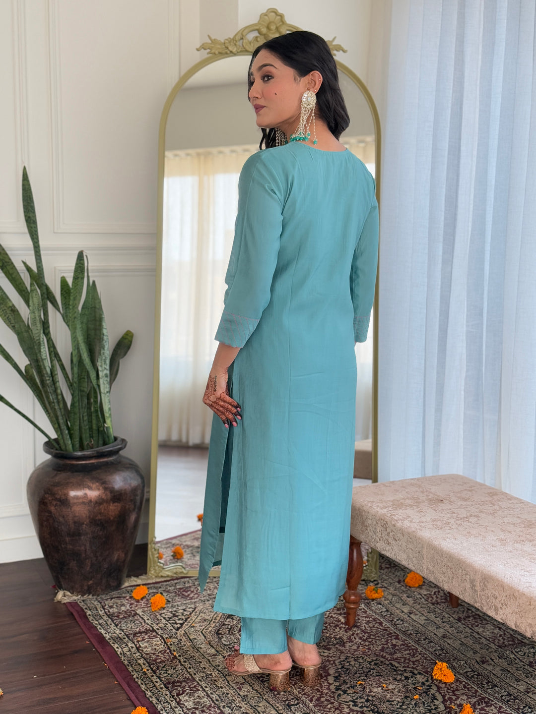 Stylish Sky Blue Chanderi Suit | Embroidery Work  Viscose Dupatta
