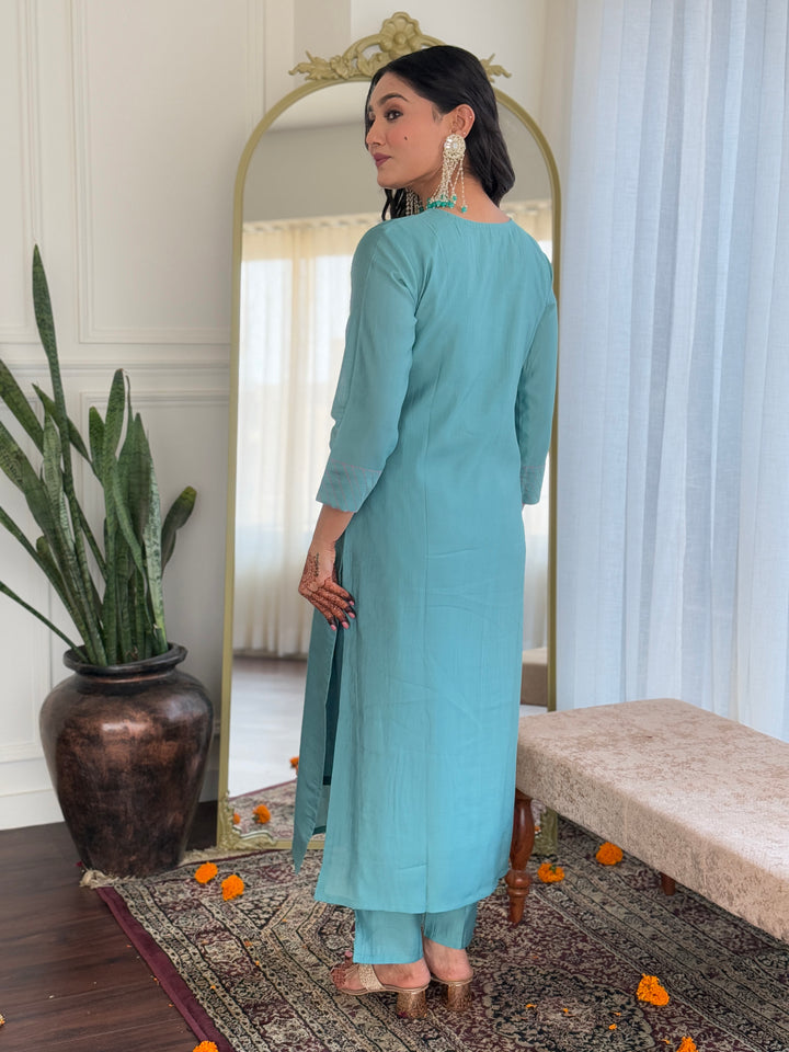 Stylish Sky Blue Chanderi Suit | Embroidery Work  Viscose Dupatta