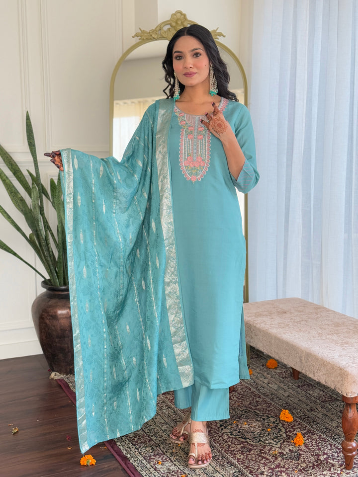 Stylish Sky Blue Chanderi Suit | Embroidery Work  Viscose Dupatta