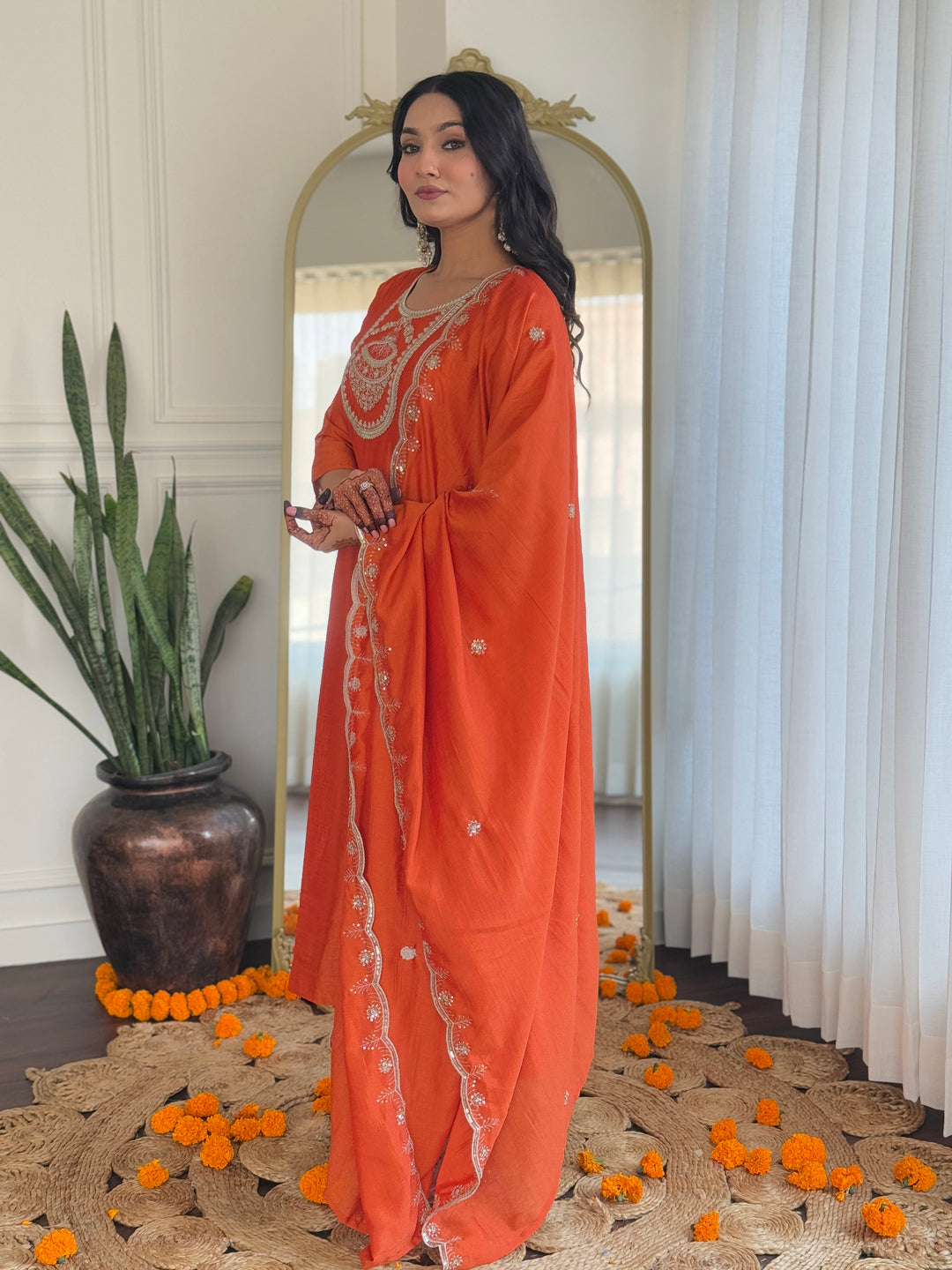 Orange Designer Suit with Vichitra Silk Top | Rayon Bottom  Embroidered Work