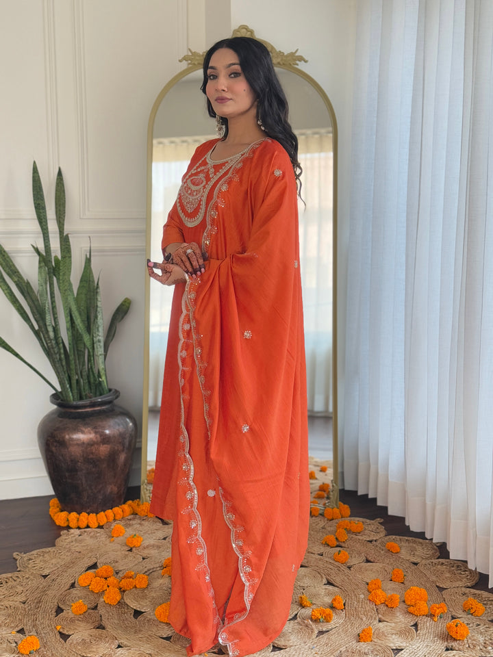 Orange Designer Suit with Vichitra Silk Top | Rayon Bottom  Embroidered Work