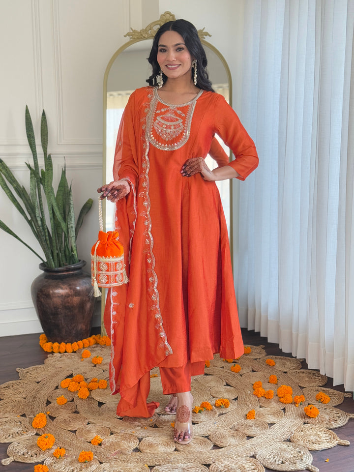 Orange Designer Suit with Vichitra Silk Top | Rayon Bottom  Embroidered Work