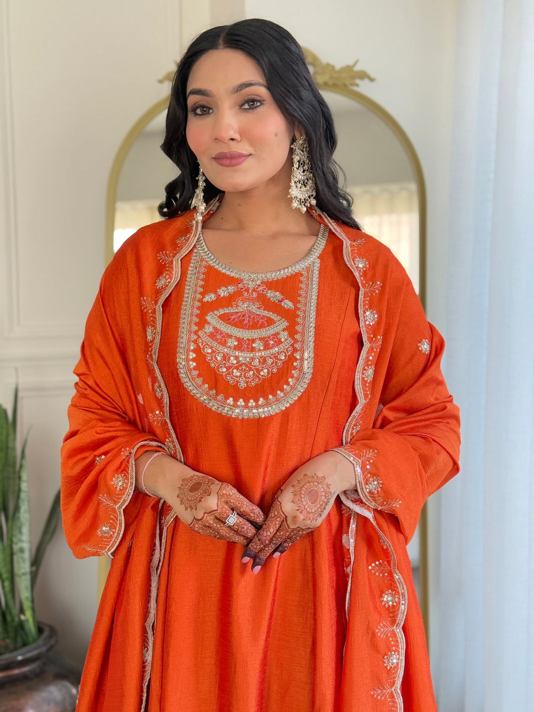 Orange Designer Suit with Vichitra Silk Top | Rayon Bottom  Embroidered Work