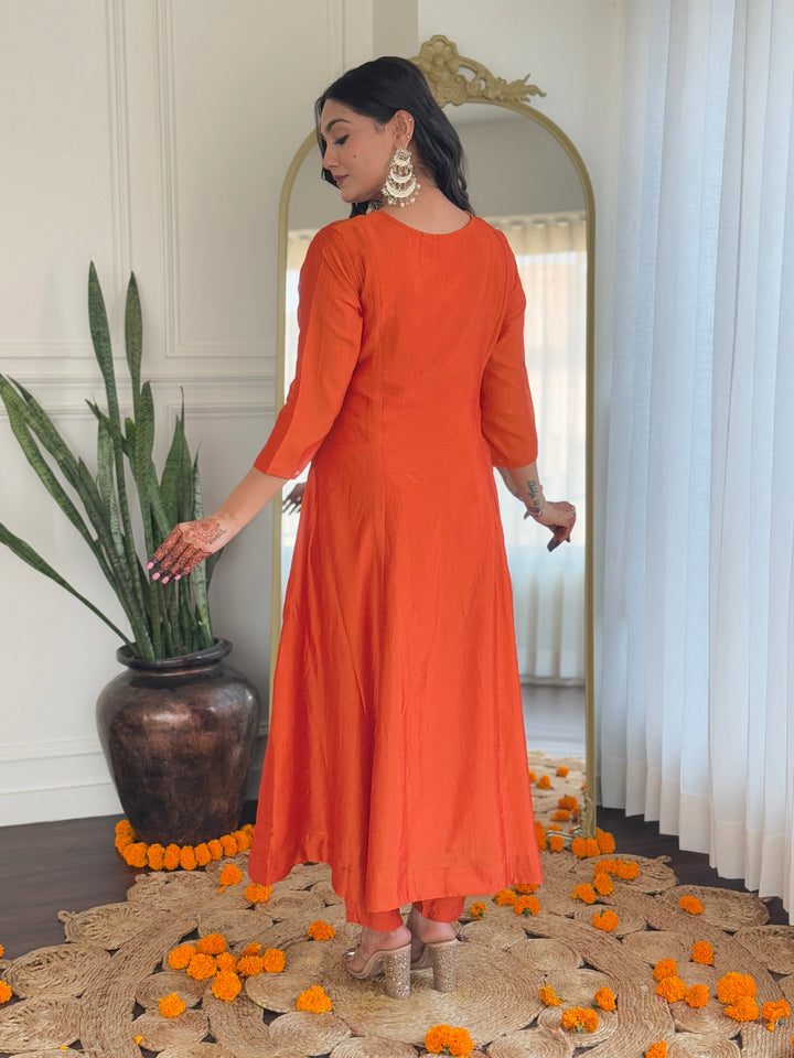 Orange Designer Suit with Vichitra Silk Top | Rayon Bottom  Embroidered Work