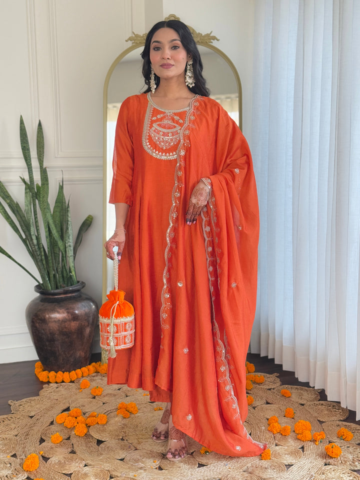 Orange Designer Suit with Vichitra Silk Top | Rayon Bottom  Embroidered Work