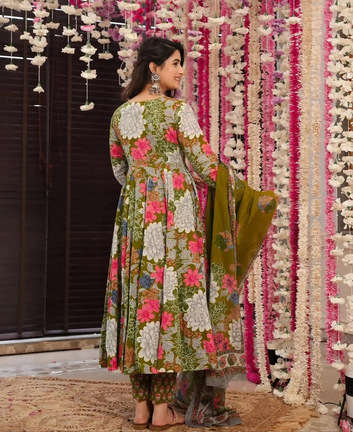 Stylish Muslin Salwar Suit | Mustard Green Digital Printed Dupatta