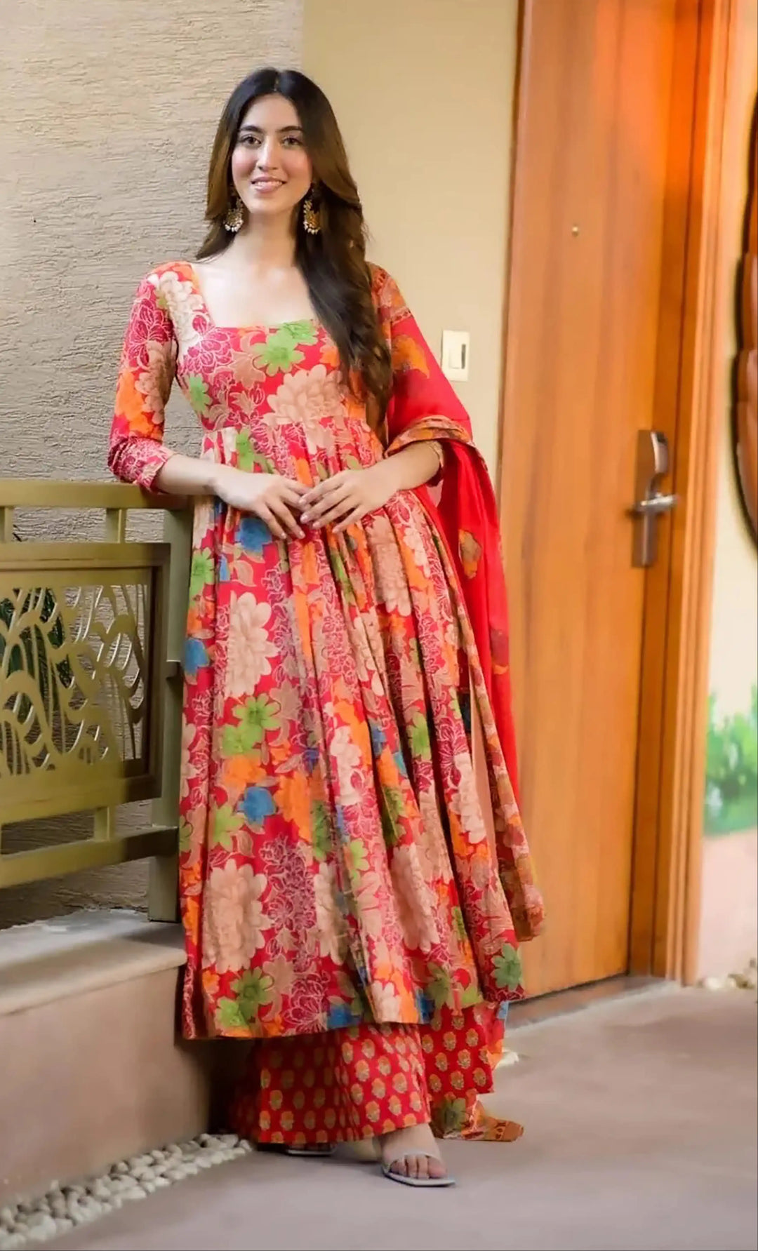 Red Orange Muslin Suit | Trendy Digital Print Comfortable Fit