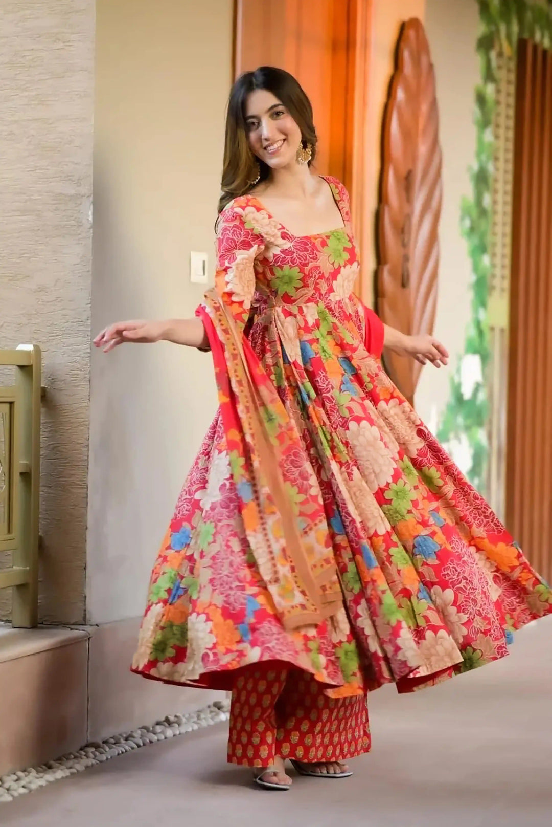 Red Orange Muslin Suit | Trendy Digital Print Comfortable Fit