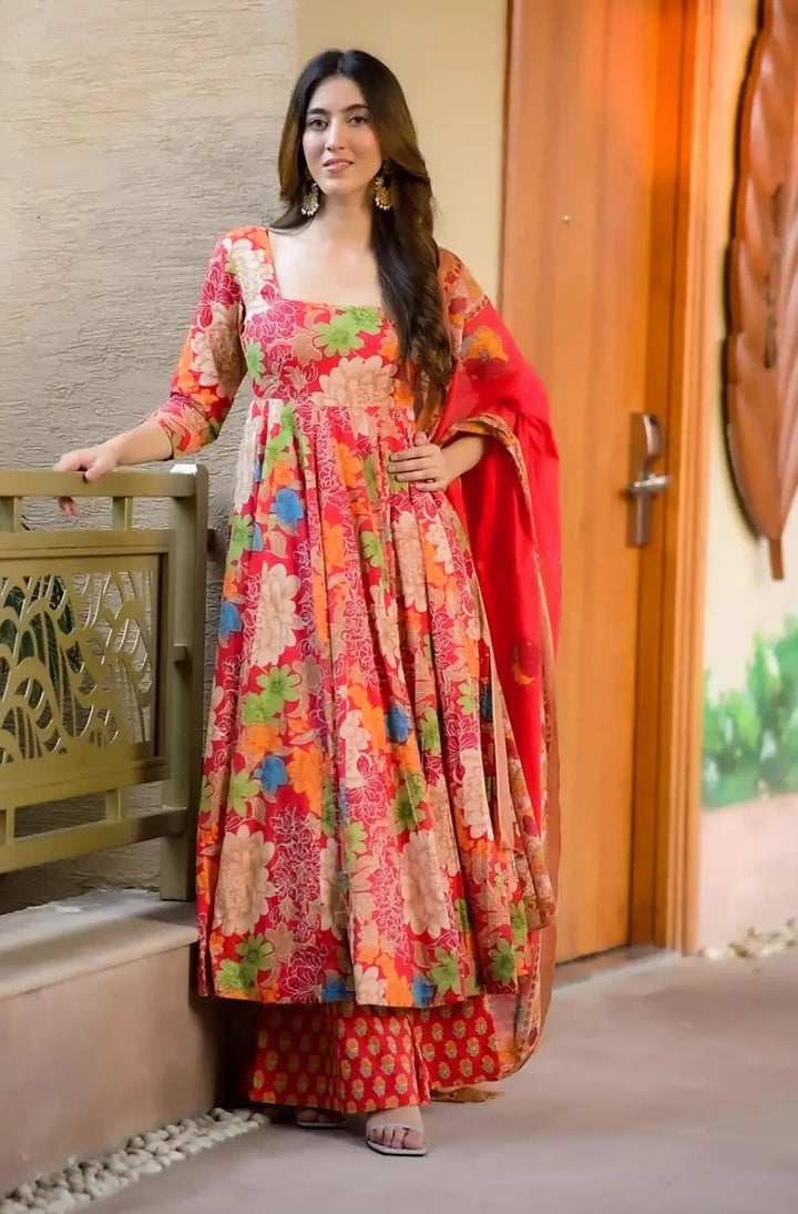 Red Orange Muslin Suit | Trendy Digital Print Comfortable Fit