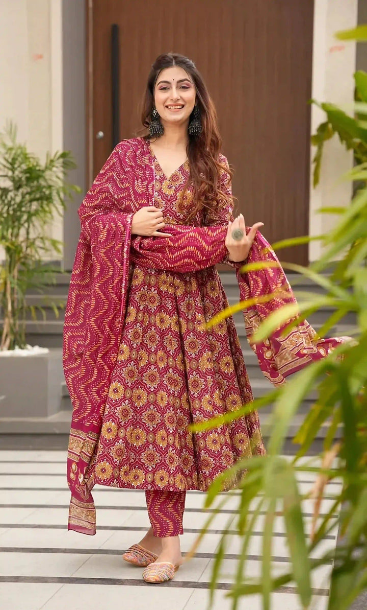 Premium Burgundy Ethnic Wear | Muslin Salwar Suit with Stylish Print