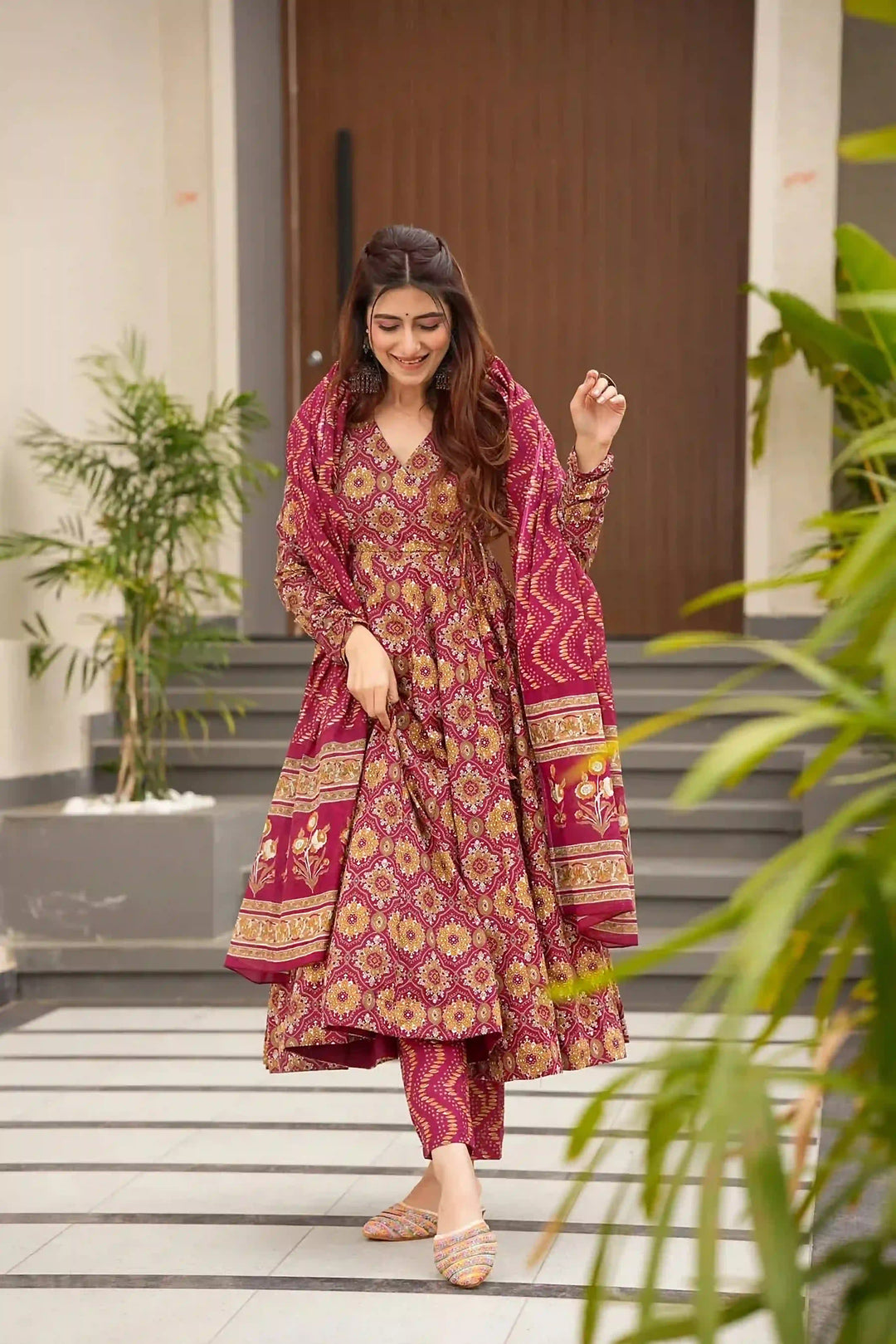 Premium Burgundy Ethnic Wear | Muslin Salwar Suit with Stylish Print