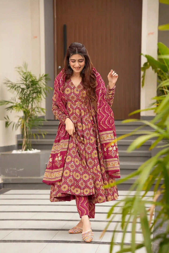 Premium Burgundy Ethnic Wear | Muslin Salwar Suit with Stylish Print